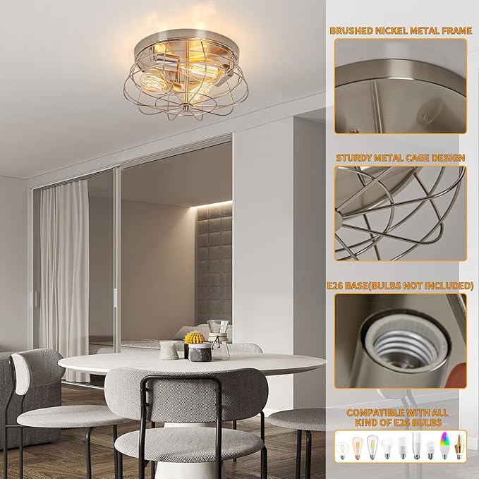 Flush Mount Ceiling Light Brushed Nickel Ceiling Light Fixture 3-Light Modern Flush Mount Ceiling Light Metal Cage Kitchen Ceiling Light Fixtures for Bedroom, Living Room, Hallway Foyer