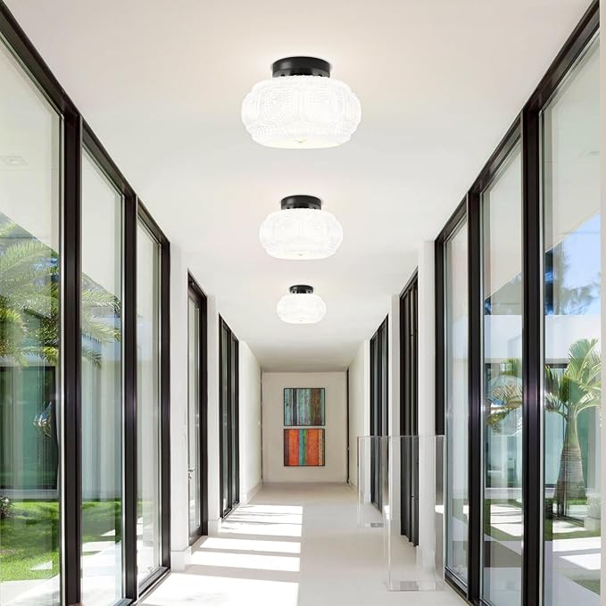 Semi Flush Mount Ceiling Light, Milk Glass Shade Modern Ceiling Light Fixture, Vintage Black Lighting for Hallway Bedroom Entryway Kitchen Porch
