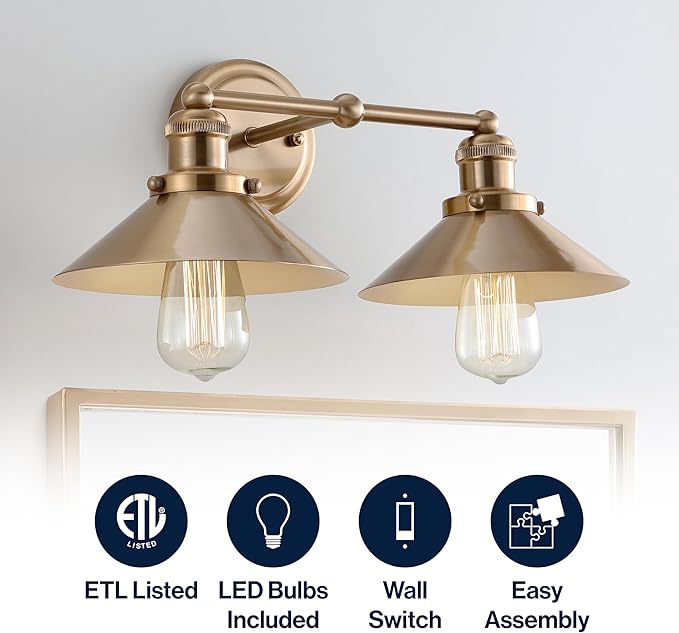JONATHAN Y 17.5" Brass Gold 2-Light Industrial Farmhouse Metal Vanity Light Wall Sconce, Metal Shade for Bathroom Mirror, Kitchen, Entryway, LED Bulb Included (JYL7430A)
