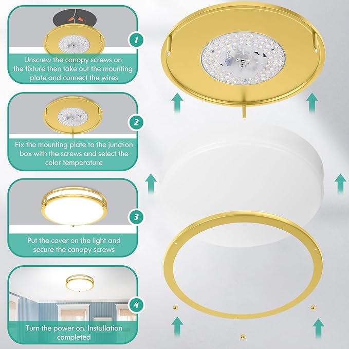 Brightever 13 Inch LED Ceiling Light Fixture, 36W 4400Lm Flush Mount Ceiling Lights, Dimmable 5CCT 2700K/3000K/4000K/5000K/6500K, Super Bright Modern Bedroom Lamps for Kitchen Hallway, Gold, 2 Packs