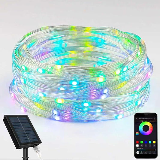 LED Outdoor Solar String Lights, 38FT 100 RGB LEDs, Solar Christmas Lights IP65, Supports APP/Music/8 Modes, Solar Outdoor String Lights for Patios, Gardens, Trees, Easter Decorations