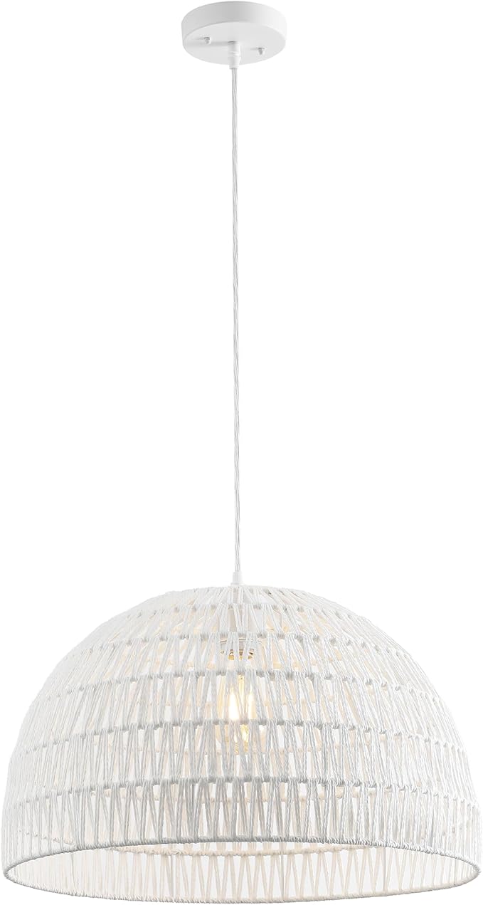JONATHAN Y 20" White Modern Bohemian Woven Rope LED Pendant Light Fixture, Adjustable Dome Ceiling Lamp for Kitchen Island, Rope Shade, Coastal Farmhouse Decor (JYL6504E)