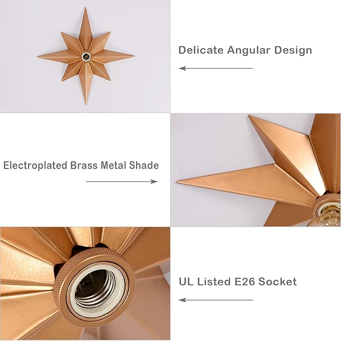 16 inch Flush Mount Ceiling Light, Gold Star Light Fixture, Farmhouse Star Ceiling Light, Vintage Flush Lighting Ceiling for Hallway, Entryway, Study, Bedroom, Stair, Foyer, Kitchen, Bathroom - Metal
