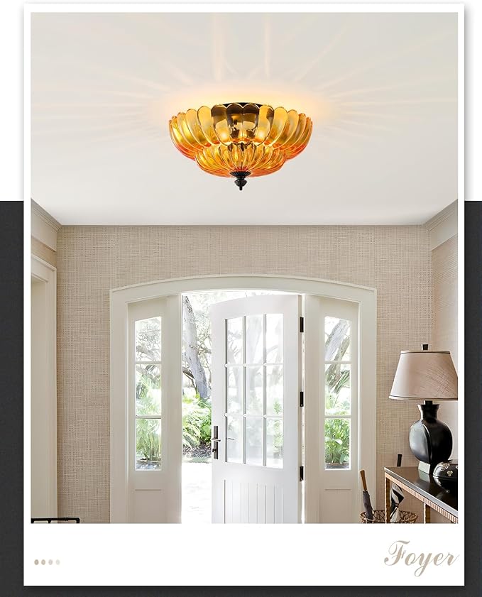 ANYLOVE Modern 12Inch Amber Flower Glass Semi Flush Mount Ceiling Light, 3 Light for Living Room Bedroom Hallway Entryway Foyer