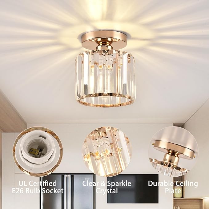 Semi Flush Mount Ceiling Light, Crystal Ceiling Light Gold Chandelier for Kitchen Hallway Entrance Balcony Dining Rooms Living Rooms Bar