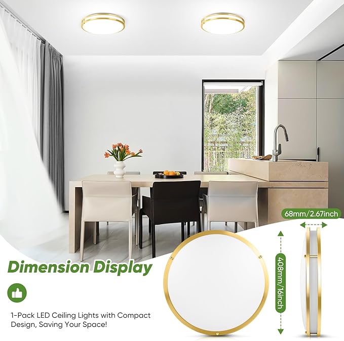 TOBUSA 16in 50W LED Flush Mount Ceiling Light 5600lm Super Bright, Dimmable LED Light Fixture 2700K-6500K 5CCT Adjusted, 1-Pack Modern Light Fixture Ceiling, Gold