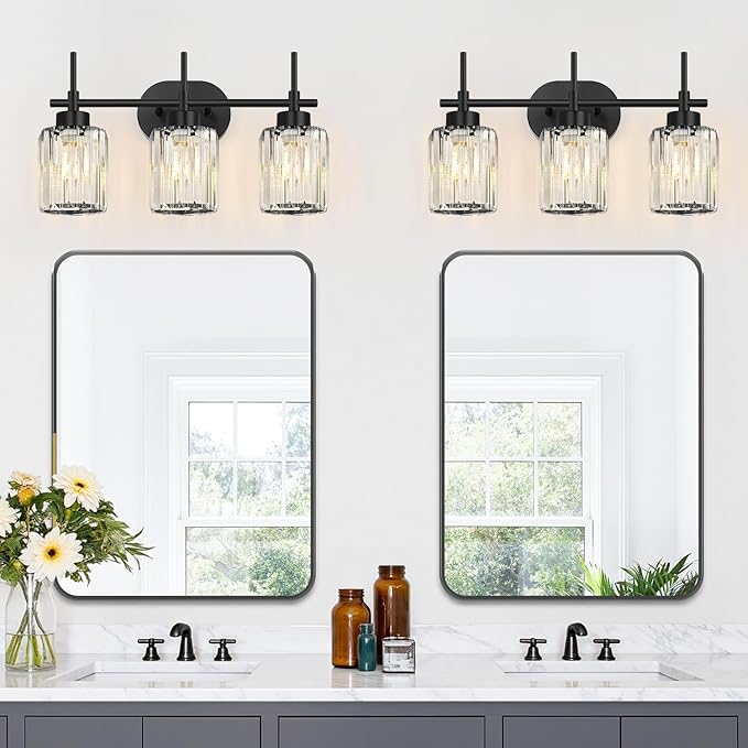 Matte Black Vanity Light, 3-Light Crystal Modern Bathroom Lighting Fixtures Over Mirror, Black Bathroom Vanity Light (Bulbs Not Included)