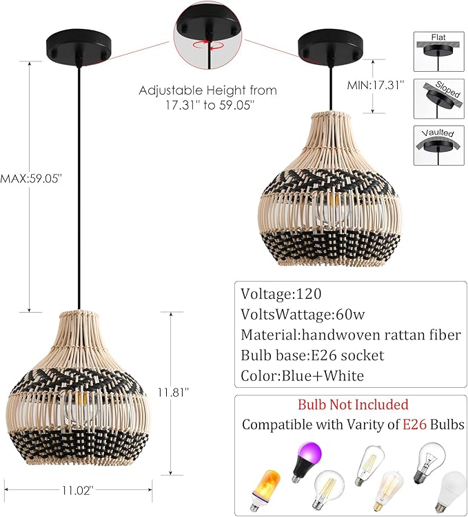3-Pack Rattan Pendant Light,11" Hand-Woven Black Faux Boho Wicker Pendant Light Mini Rattan Hanging Light Fixture Farmhouse Woven Chandelier for Kitchen Island Bedroom Dining Room