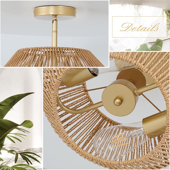 2-Lights Woven Rattan Ceiling Light Fixture, Beige Farmhouse Hand-Woven Cage Semi Flush Mount Light, Small Boho Coastal Basket Close to Ceiling Light for Bedroom Hallway Nursery Entryway
