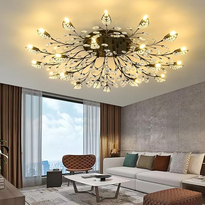 Small Crystal Chandelier Modern Semi Flush Mount Ceiling Light Fixture Black Leaves Chandeliers Lighting for Bedroom Living Room Dining Room Kitchen Hallway Foyer