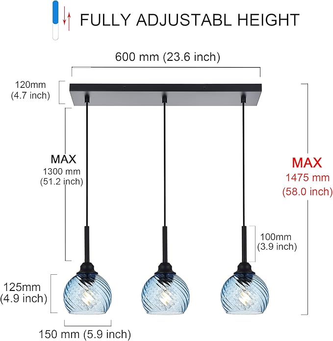 3 Light Island Lights for Kitchen with Striped Swirl Globe Glass, Black Linear Hanging Pendant Light Fixture Farmhouse Chandelier for Dining Room Bar Living Room