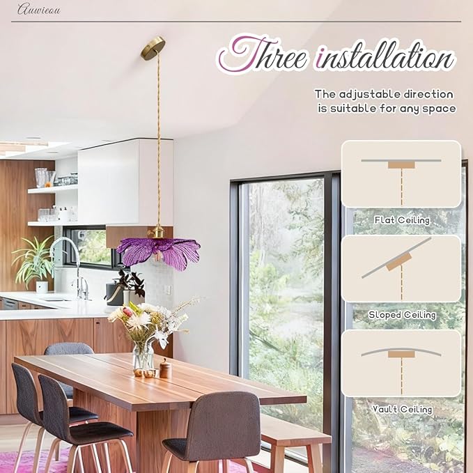 Mid Century Pendant Light with Purple Glass Flower Shade Vintage Hanging Light in Brushed Brass, Gold Adjustable Ceiling Lighting for Kitchen Island, Dining Room, Bedroom