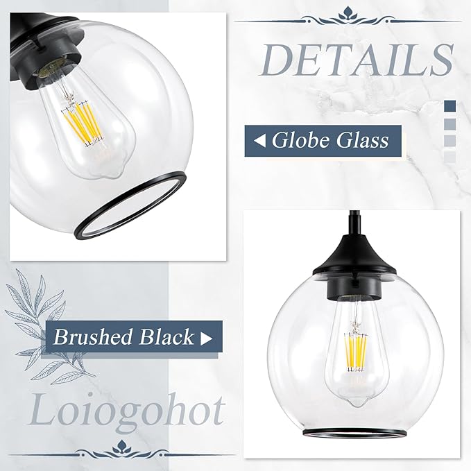 Pendant Lights Kitchen Island,Farmhouse Black Pendant Light with Clear Glass Globe Shade,6.29" Glass Pendant Light for Finish Farmhouse Entryway Dining Room Kitchen Island 1 Light
