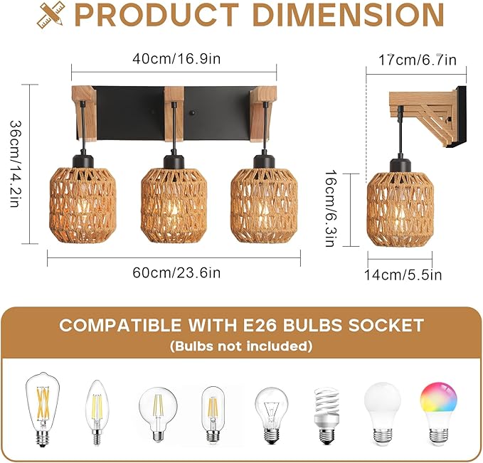 3-Light Bathroom Vanity Light Fixtures, Rustic Style Rattan Bathroom Wall Sconce with Handmade Bamboo Woven Boho Wicker Lampshade, Farmhouse Wooden Bracket, Suit for Stairway Bedroom and Hallway