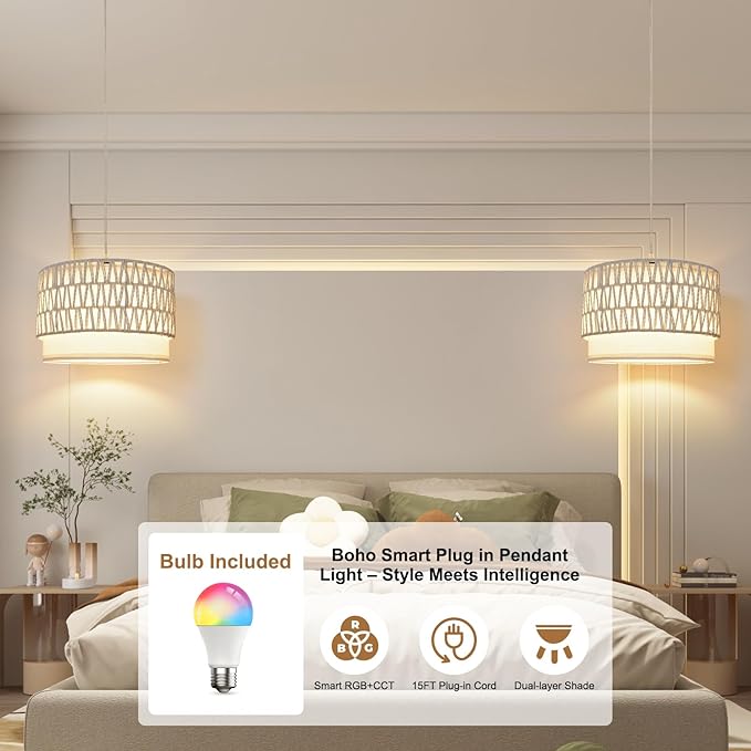 ZSLAIFU Hanging Lamp Plug in Pendant Light, 15FT White Hanging Lights with Plug in Cord, Hanging Light with Bulb and Remote, Hanging Lamps for Bedroom, Living Room, Kitchen, Farmhouse