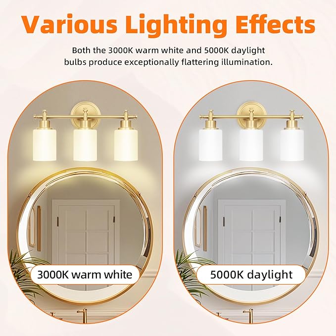 3-Light Gold Bathroom Vanity Light Fixtures, Brushed Gold Wall Sconce, Champagne Gold Vanity Light with Milky White Glass Shade Over Mirror, Bathroom, Bedroom, Modern Style, E26 Base