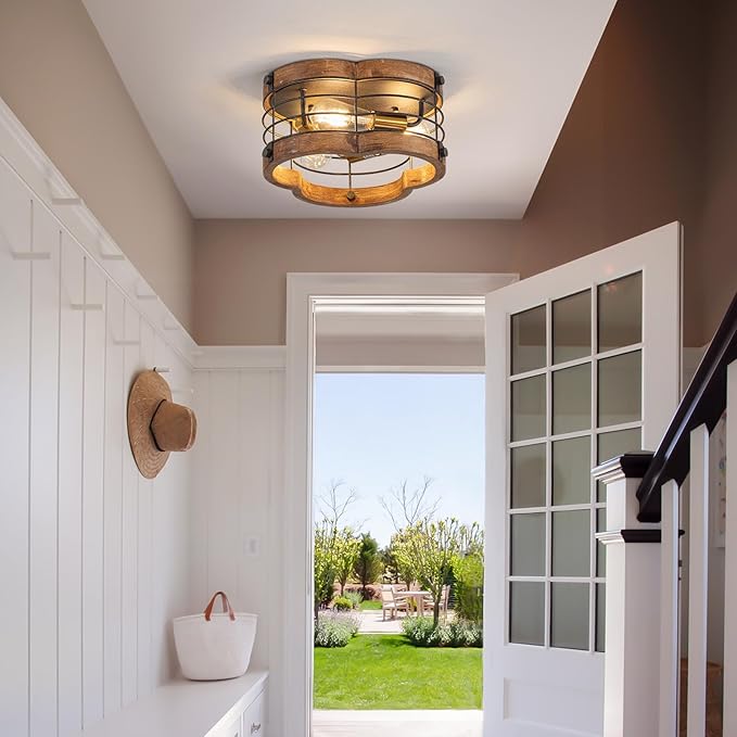Farmhouse Flush Mount Ceiling Light, 12.2 Inch 3-Light Metal and Wood Close to Ceiling Light Fixture, Rustic Drum Semi Ceiling Light for Kitchen, Dining Room, Living Room, Hallway, Entryway