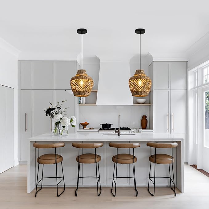 Rattan Pendant Light Fixtures,11.02" Boho Rattan Pendant Light,2-Pack Hand Woven Seagrass Chandelier for Workplace Occasions Restaurants Dining Living Bedroom Kitchen Farmhouse