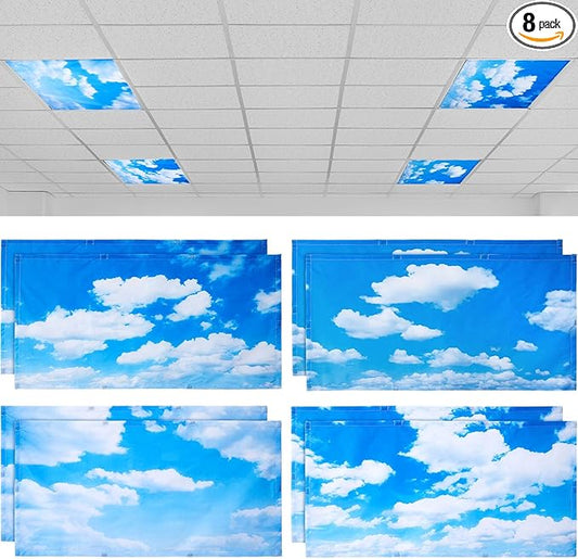 ROCEEI 8 Pack Fluorescent Light Covers, 4 x 2 Feet Magnetic Cloud Covers for Ceiling Classroom Light, Reduce Glare, Easy Install, Filters for School, Home, Office, Hospitals Cubicle Decor