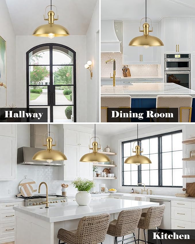 Gold Pendant Lights Kitchen Island 2 Packs, Gold Dome Pendant Light 13.8 Inch, Industrial Farmhouse Pendant Light, Island Pendant Lights for Kitchen Barn Hallway Porch Dining Room