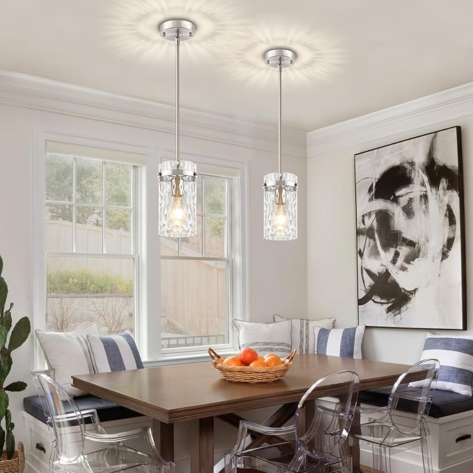 Brushed Nickel Pendant Lights Kitchen Island, Modern Hand-Blown Glass Kitchen Hanging Lights Fixture Over Island Adjustable Mini Pendan Lighting for Hallway Entryway Bathroom Foyer Dining Room