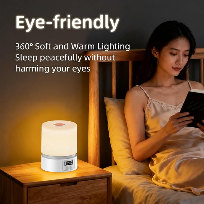 Nursery Night Light with Clock for Kids, Touch Lamp Bedside Desk Lamp, Portable Breastfeeding Night Lamp for Baby, 3 Color Stepless Dimming Up for Restaurant,Bedroom,Rechargeable (White)