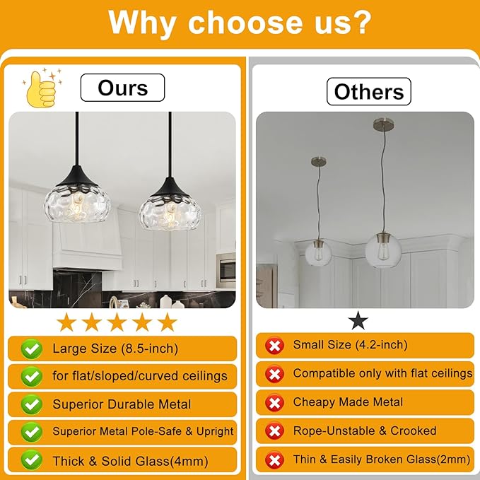 2 Pack Modern Pendant Lights Kitchen Island, Matte Black Pendant Light Fixtures with 8.5" Clear Hammered Glass Shade, Industrial Hanging Pendant Lights Fixture for Kitchen Island Dining Room Entryway