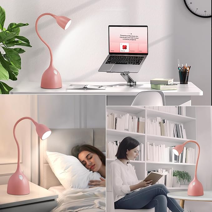 EJIAXIN Gooseneck Desk Lamp 360° LED Flexible Reading Light Small Desk Lamps for Small Spaces Home Office Bedroom College Dorm Desk Bookshelf Nightstand Table Lamp (Pink)