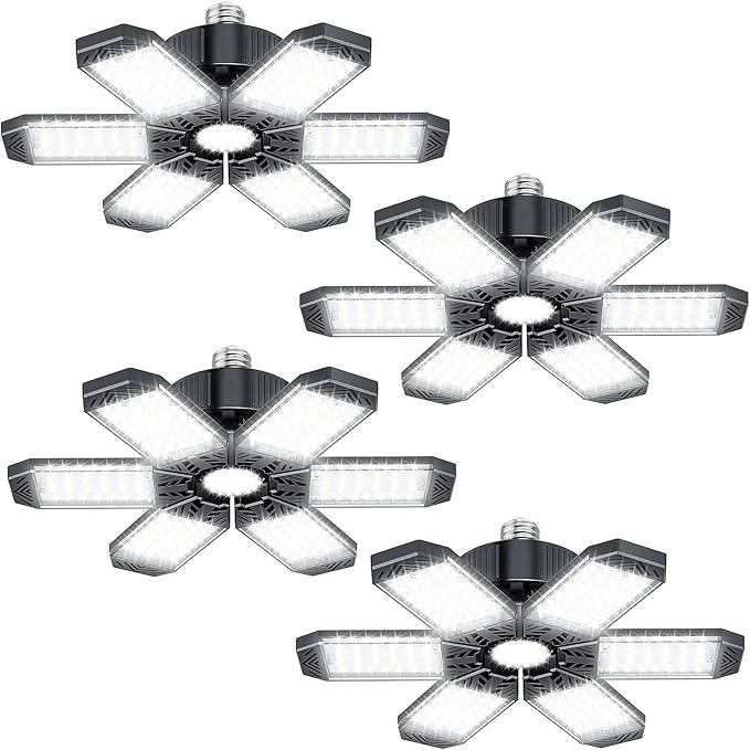 Garage Lighting 4 Pack - 200W 20000LM 6500K LED Garage Ceiling Lights with 6+1 Adjustable Panel Screw in E26/E27 Bulb Socket, Bright LED Shop Lights for Barn Workshop Warehouse Bay