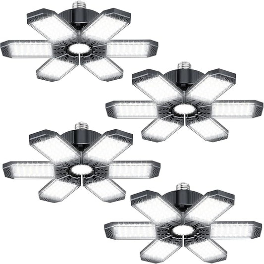 Garage Lighting 4 Pack - 200W 20000LM 6500K LED Garage Ceiling Lights with 6+1 Adjustable Panel Screw in E26/E27 Bulb Socket, Bright LED Shop Lights for Barn Workshop Warehouse Bay