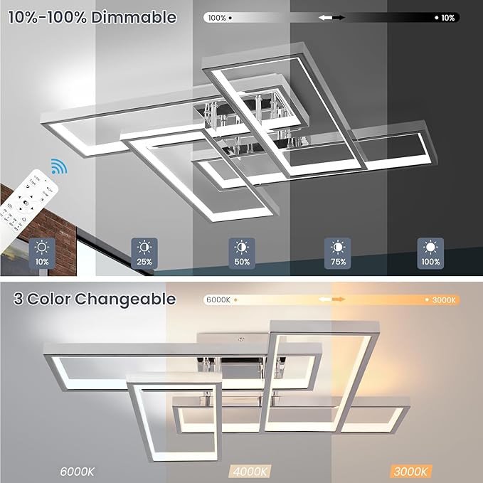 Dimmable Modern LED Ceiling Light, 4-Square Modern Ceiling Lighting for Living Room with Remote Control 26In Chrome Bedroom Ceiling Lights Fixures for Kitchen, Bathroom, Dining Room