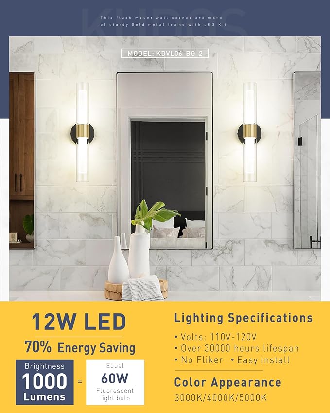 kudos Black and Gold Bathroom Sconces Wall Lighting, Bathroom Vanity Light, Modern Wall Lights with Clear Glass and Frosted Glass for Bathroom Bedroom Hallway, KDVL06-BG-2
