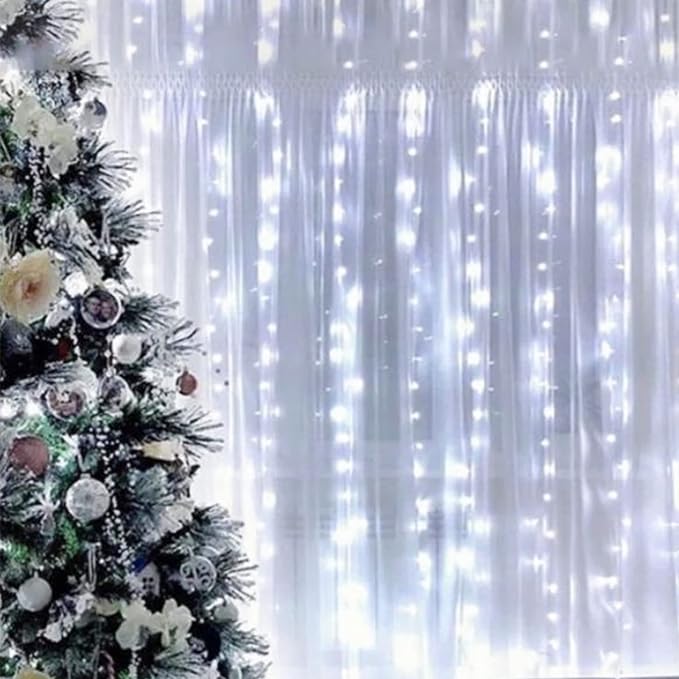 Oopswow 304L Curtain String Lights, 9.8ft x 9.8ft 8 Modes for Bedroom, Hanging Twinkle Fairy Plug-in Window Backdrop for Christmas Party Wedding Outdoor Indoor Wall Decor