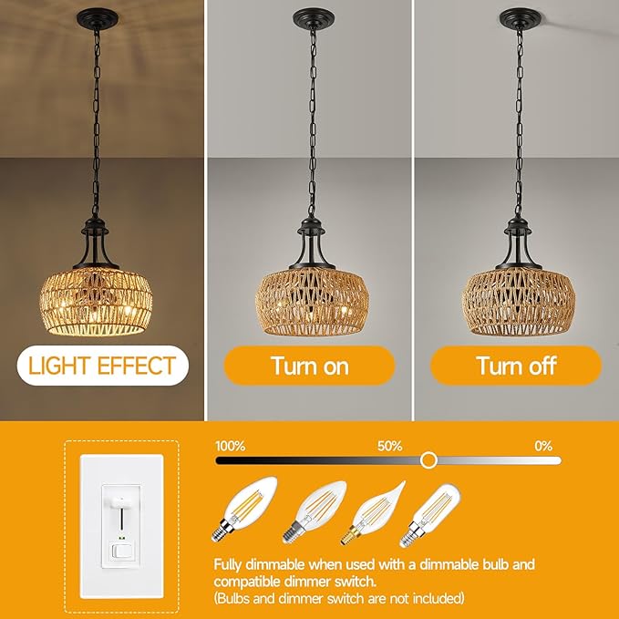 12.6" Chandeliers for Dining Room, 3-Light Rattan Chandelier with Rattan Lampshade, Adjustable Height Coastal Chandeliers, Vintage Pendant Lighting for Kitchen, Bedroom