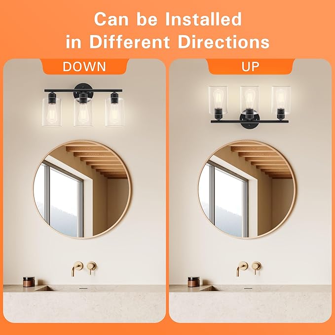 Espird Bathroom Vanity Light Fixtures Matte Black Bathroom Lighting Fixture, 3 Lights Bathroom Light Fixture Over Mirror, Modern Black Vanity Light, UL Certified Wall Sconces with Glass Shades