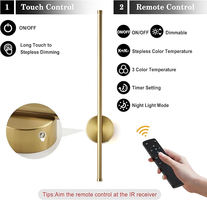 Battery Operated Modern Wall Sconces Set of Two,Rechargeable Wireless Wall Lights with Remote Control,Dimmable,3CCT,Timer,360°Rotation,Cordless Lighting for Bedroom,Living Room,Hallway,Brass,23.6 Inch