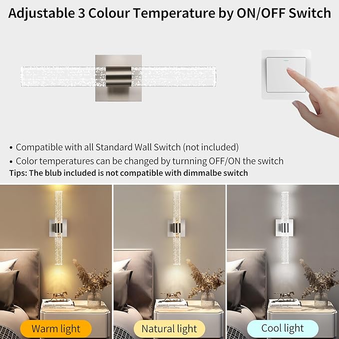 Modern Wall Sconces Set of Two in Brushed Nickel Finish 18 Inch 3000K-6000K Led Bathroom Sconce Lights Indoor Hardwired Wall Lamp for Bedroom Living Room Hallway, 12W