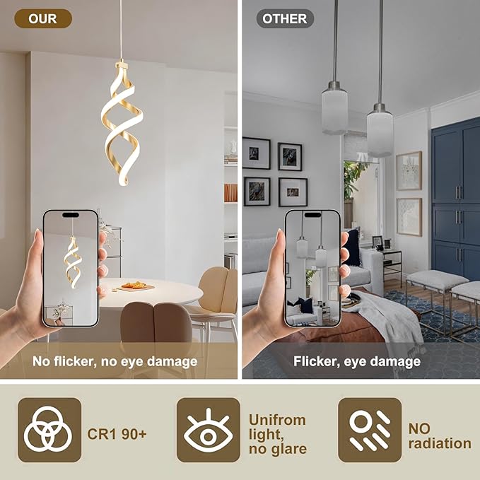 Modern Led Pendant Light Fixture, 15W Spiral Led Chandelier Hanging Lamp, 3000K-6000K, Dimmable Pendant Lamp, Adjustable Height Pendant Light for Kitchen Island Dining Room Bedroom Cafe (Gold)