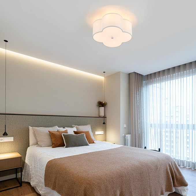 Semi Flush Mount Ceiling Light Fixture, Modern Close to Ceiling Lamp with Cream White Fabric Drum Shade for Nursery Kids Room Bedroom Kitchen Hallway Entryway 4-Light
