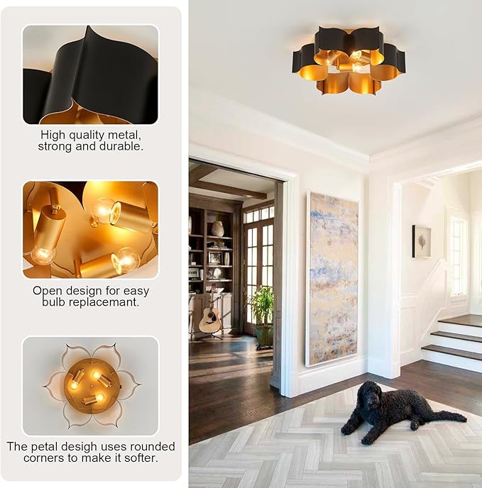VILUXY Modern Black and Gold Flush Mount Ceiling Light 19” Flower Close to Ceiling Light Fixtures 3 Lights Vintage for Hallway, Entryway, Closet, Bedroom, Kitchen