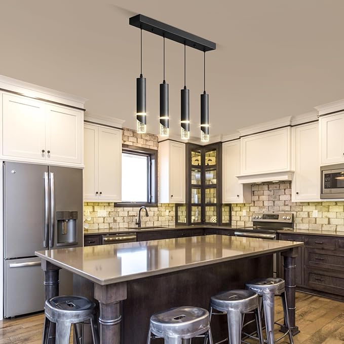Modern LED Pendant Lighting Fixture 48-Watt 4 Light Black Kitchen Island Chandelier Dimmable Kitchen Light Fixtures Perfect for Dining Room Hanging Island Lighting Crystal Bubble Pendant Lights