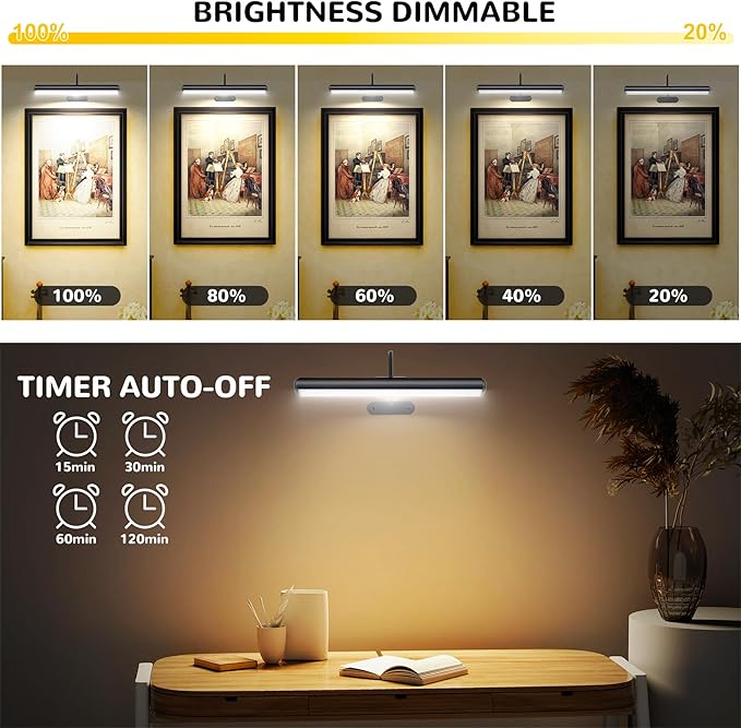 2Pack-Dimmable Picture Lights with Timer Controller for Wall Sconce Lamps ,Art Painting Light for Home Office Gallery, 5000mAh Rechargeable Battery Operated Wall Light for Display Portrait Frame-Black