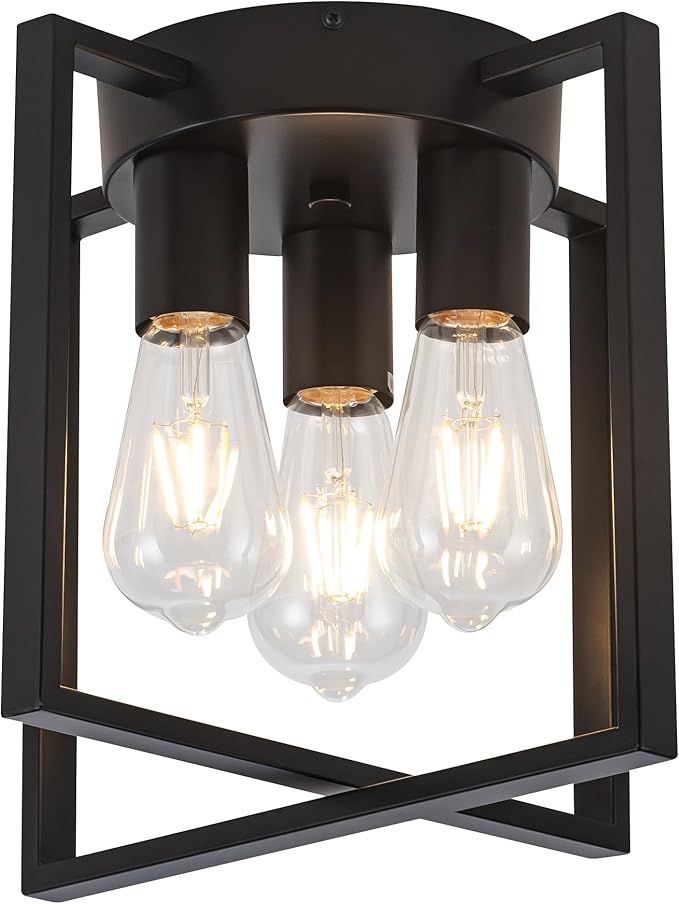 3-Light Flush Mount Ceiling Black Metal Frame Ceiling Light Farmhouse Light Fixture for Kitchen Island Entryway Porch Foyer Dining Room, E26 Ceramic Base