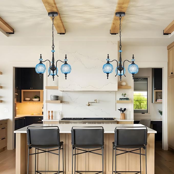 Vintage Blue Pendant Light Fixtures, 3-Light Chandeliers for Kitchen Bedroom Living Room Dining Room Hallway