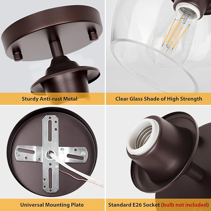 Modern Semi Flush Mount Ceiling Light with Clear Glass Shade, Industrial Close to Ceiling Light, Brown Hanging Ceiling Light Fixture for Hallway, Bedroom, Dining Room, Entryway, Foyer
