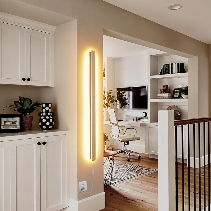 Modern Plug in Long Wall Sconce, 39.3" Faux Wood Texture Finish LED Wall Lights, 20W Warm White 3000K Acrylic Indoor Wall lamp, with 59" Plug Cable for Bedroom, Living Room, Hallway