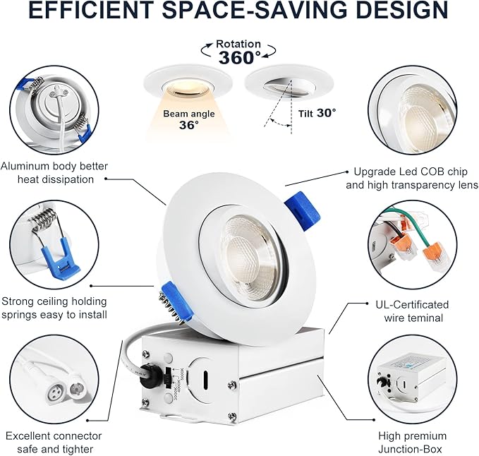 Sublimation 4 Packs 3 Inch Gimbal Led Recessed Light with Junction Box 10w,Waterproof recessed Lights for Shower,3 Colors Adjustable,Suitable for Bathroom,Parlor,Bedroom,Kitchen,Balcony