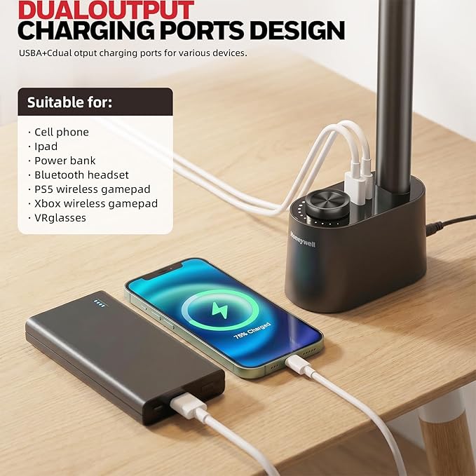 Honeywell LED Desk Lamp - Sunturalux Desk Lamps for Home Office with USB A+C Charging Ports, Stepless Dimmable Eye-Caring Foldable Desk Light for Table Bedroom Bedside Reading(Black)