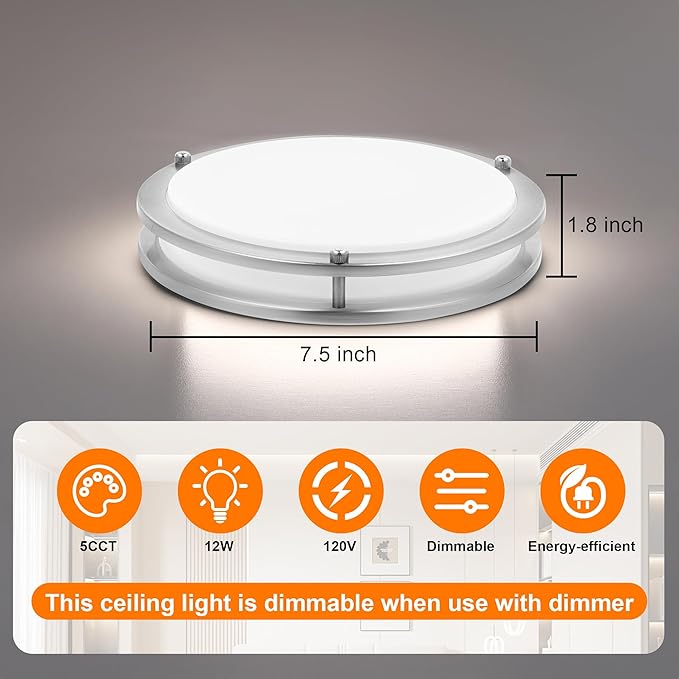 4 Pack 7.5 Inch Round Brushed Nickel Ceiling Light Fixture - Flush Mount LED Ceiling Lamp Set of Four 2700K/3000K/3500K/4000K/5000K Adjustable Brushed Nickel Bathroom LED Light for Bedroom 12W