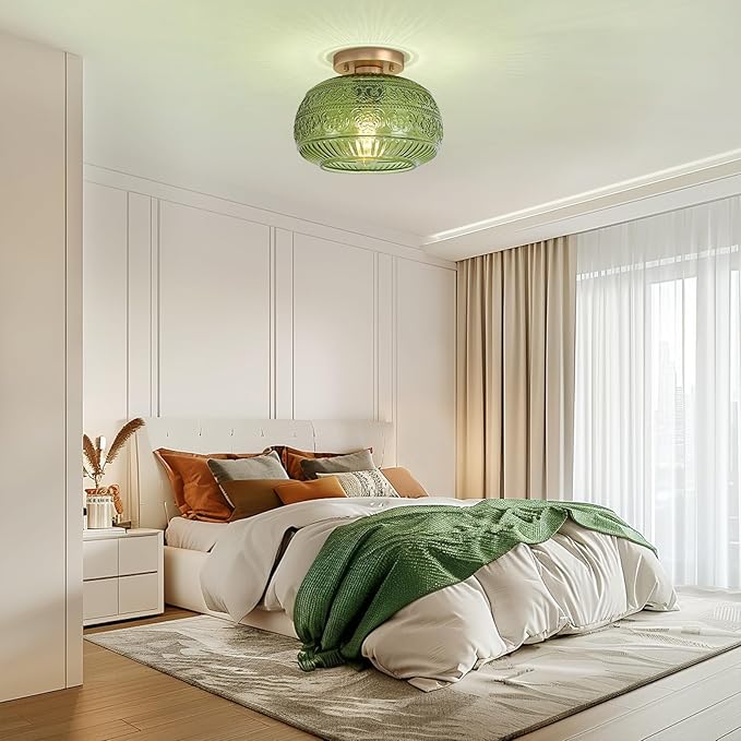 Semi Flush Mount Ceiling Light Fixture, 11" Vintage Gold Hallway Lights Fixture Ceiling with Green Glass for Kitchen, Hallway, Bathroom and Entry Way,Compatible with E26 Light Bulb